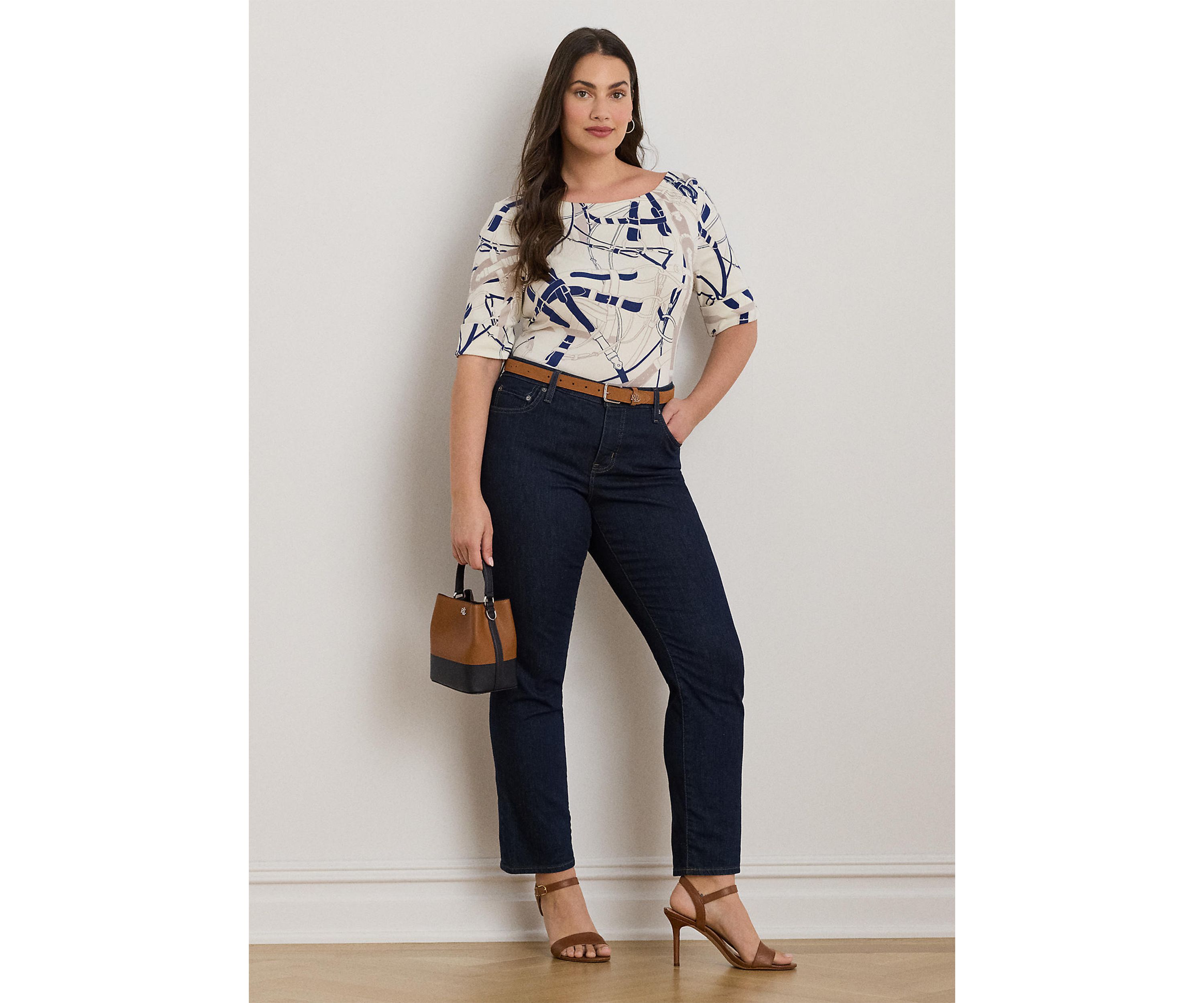 Womens Belting-Print Cotton Boatneck Tee