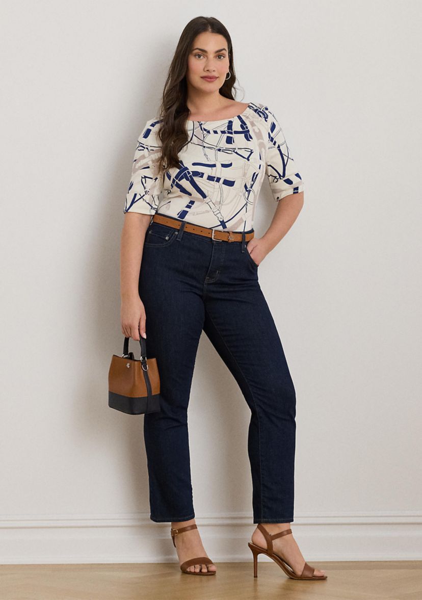 Womens Belting-Print Cotton Boatneck Tee