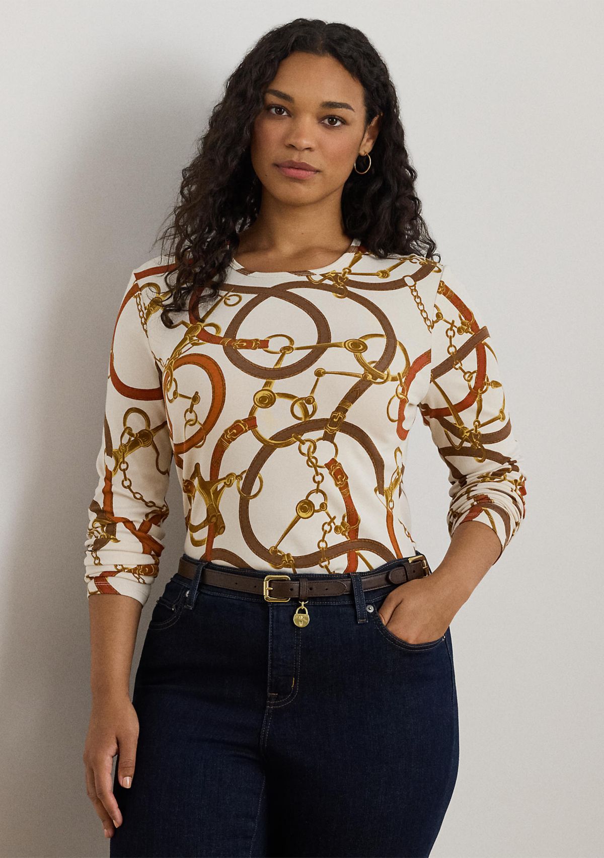 Plus Size Belting-Print Cotton Long-Sleeve T-Shirt