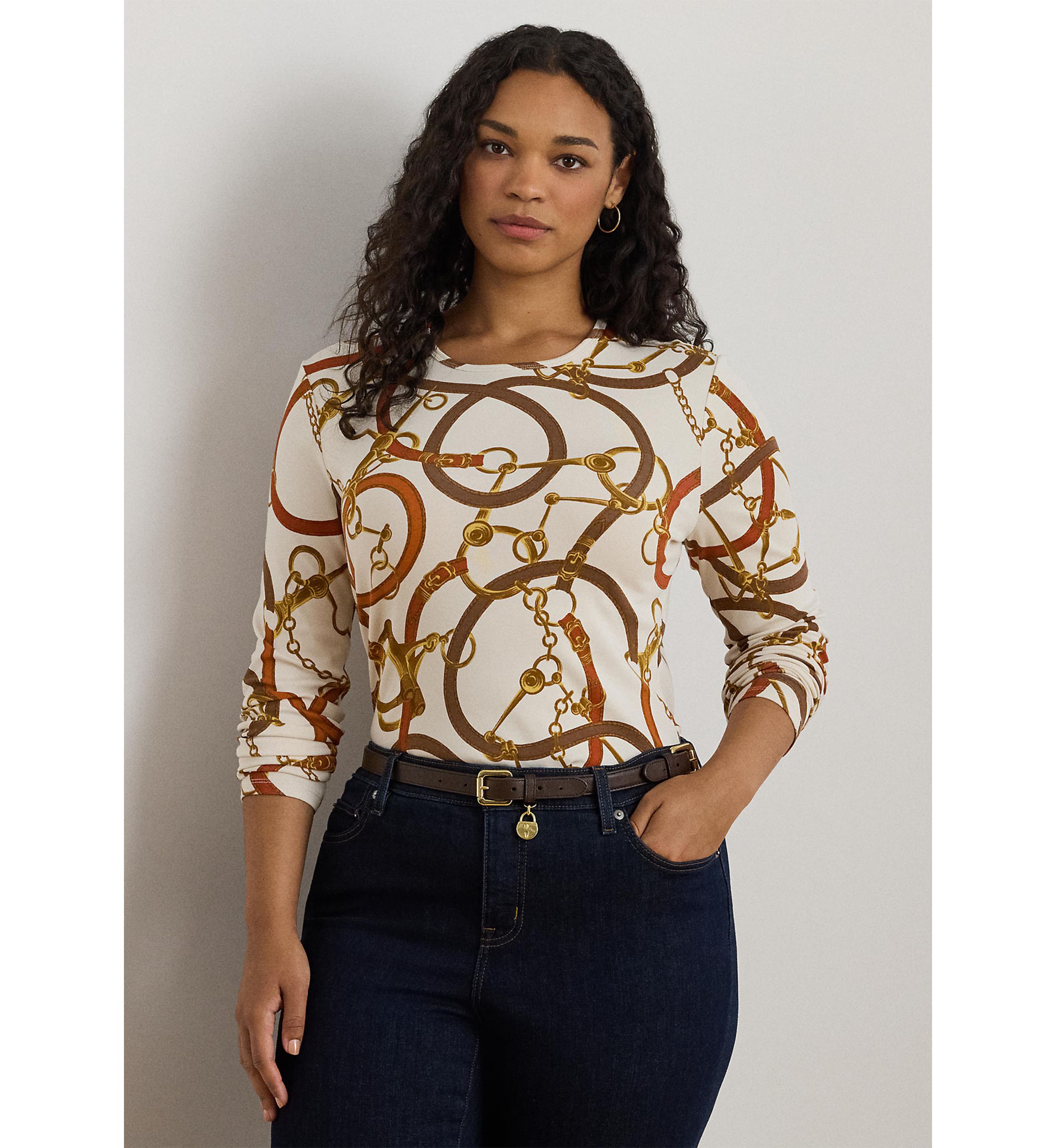 Womens Belting-Print Cotton Long-Sleeve Tee