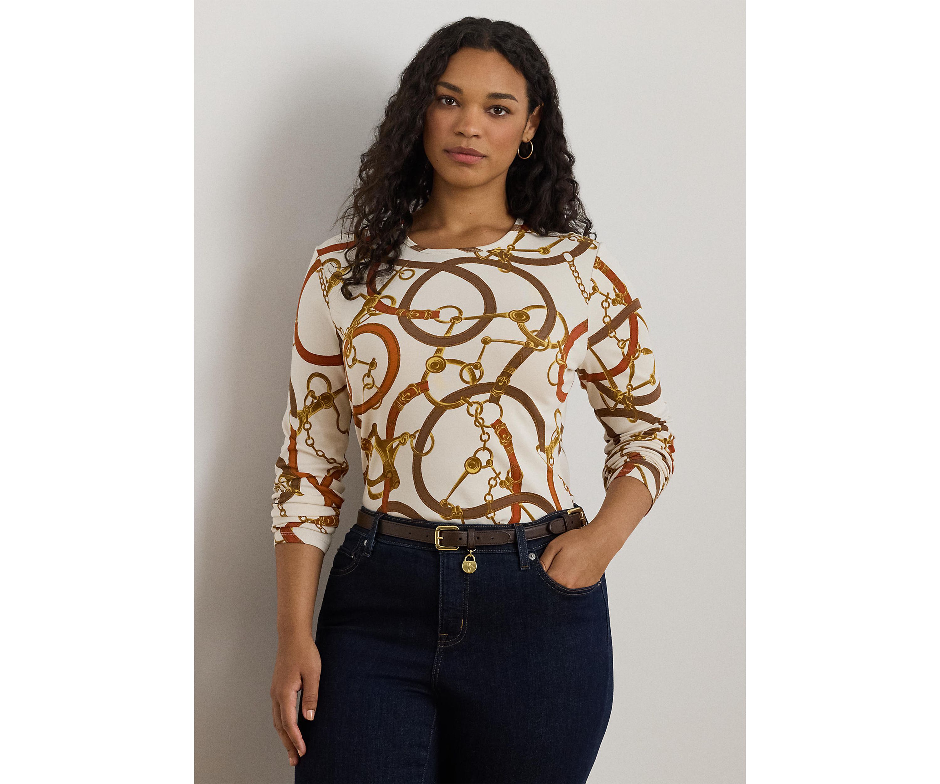Womens Belting-Print Cotton Long-Sleeve Tee