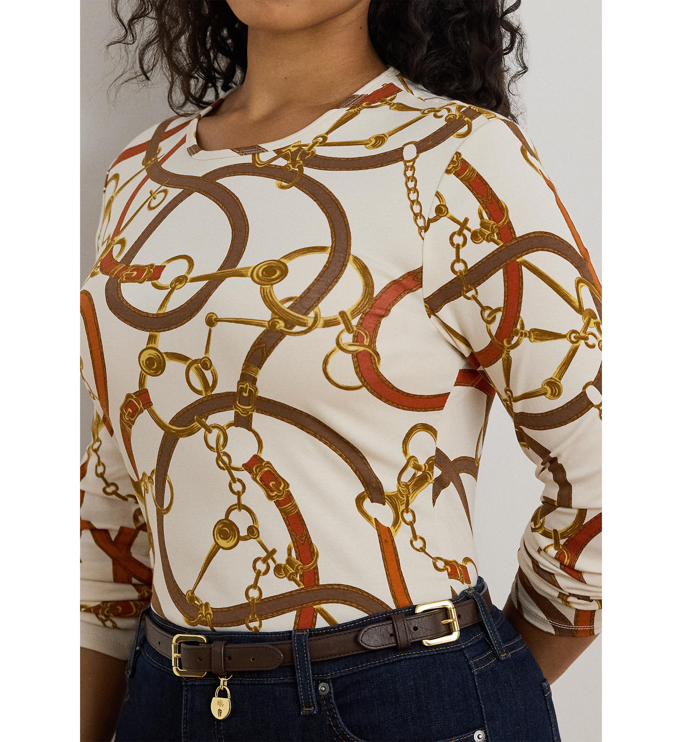Womens Belting-Print Cotton Long-Sleeve Tee