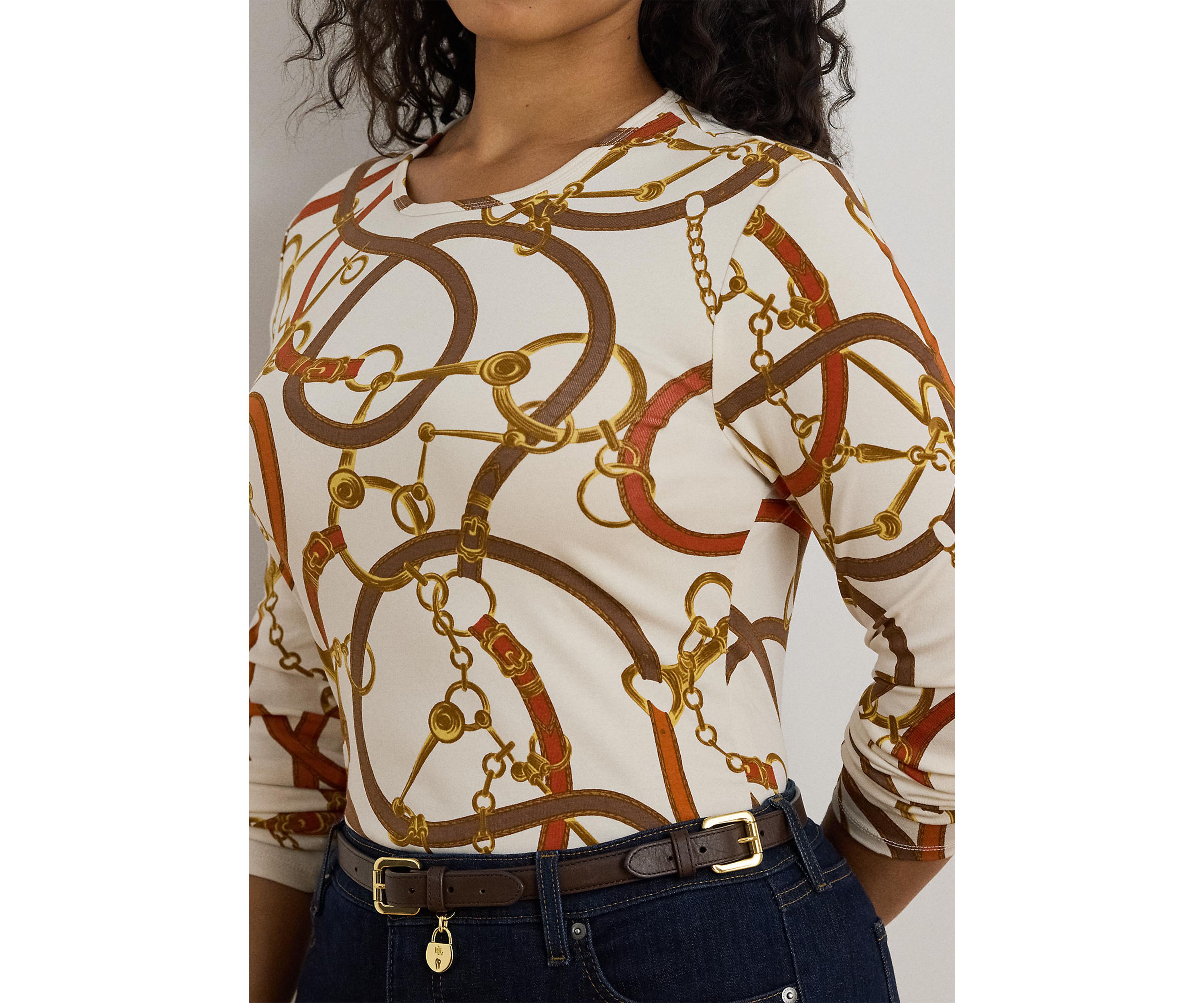 Womens Belting-Print Cotton Long-Sleeve Tee