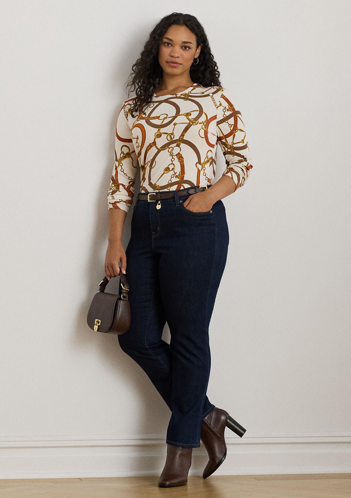 Plus Size Belting-Print Cotton Long-Sleeve T-Shirt