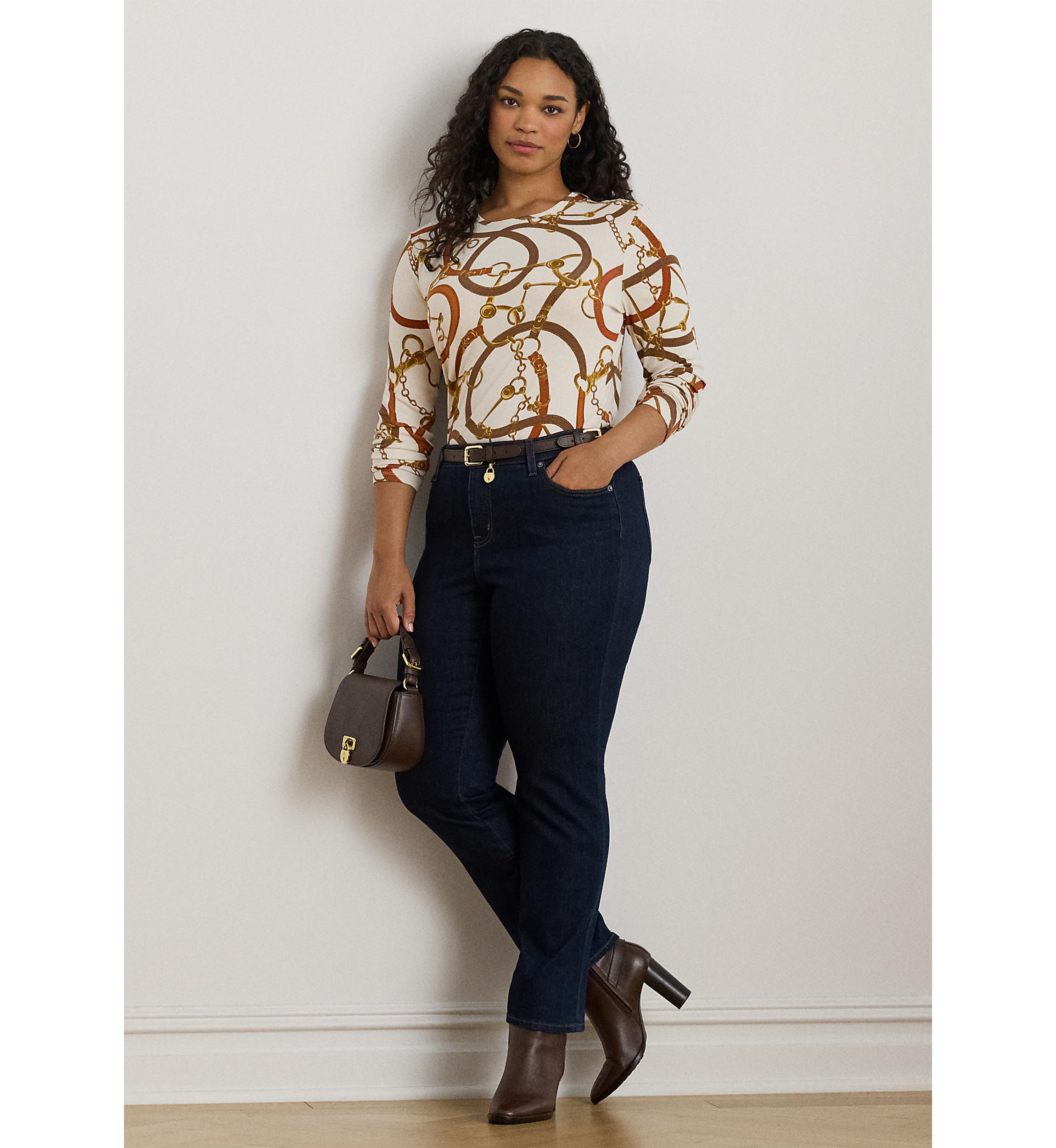 Womens Belting-Print Cotton Long-Sleeve Tee