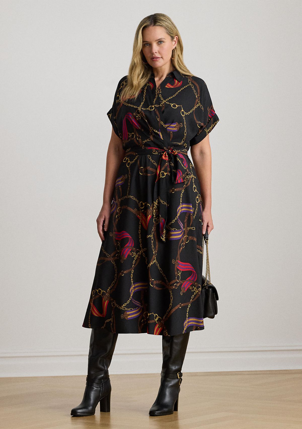 Plus Size Belting-Print Belted Crepe Fratillio Dress