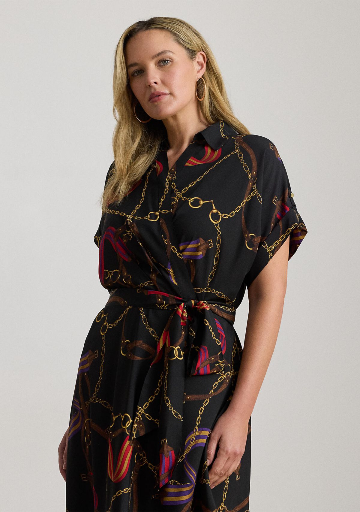Plus Size Belting-Print Belted Crepe Fratillio Dress