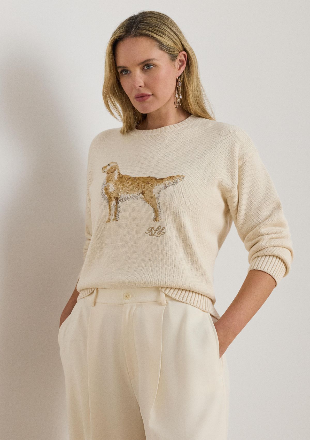 Womens Intarsia-Knit Golden Retriever Sweater