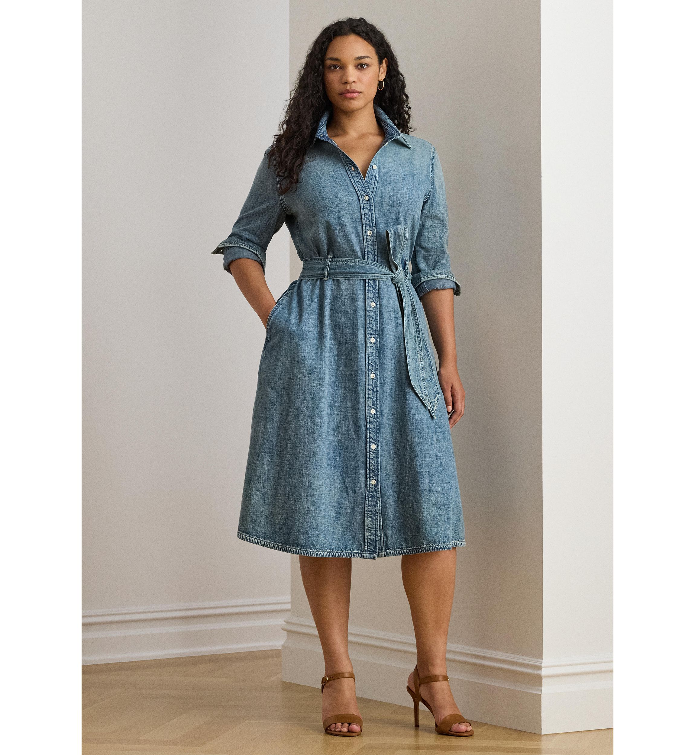 Womens Belted Denim Shirtdress