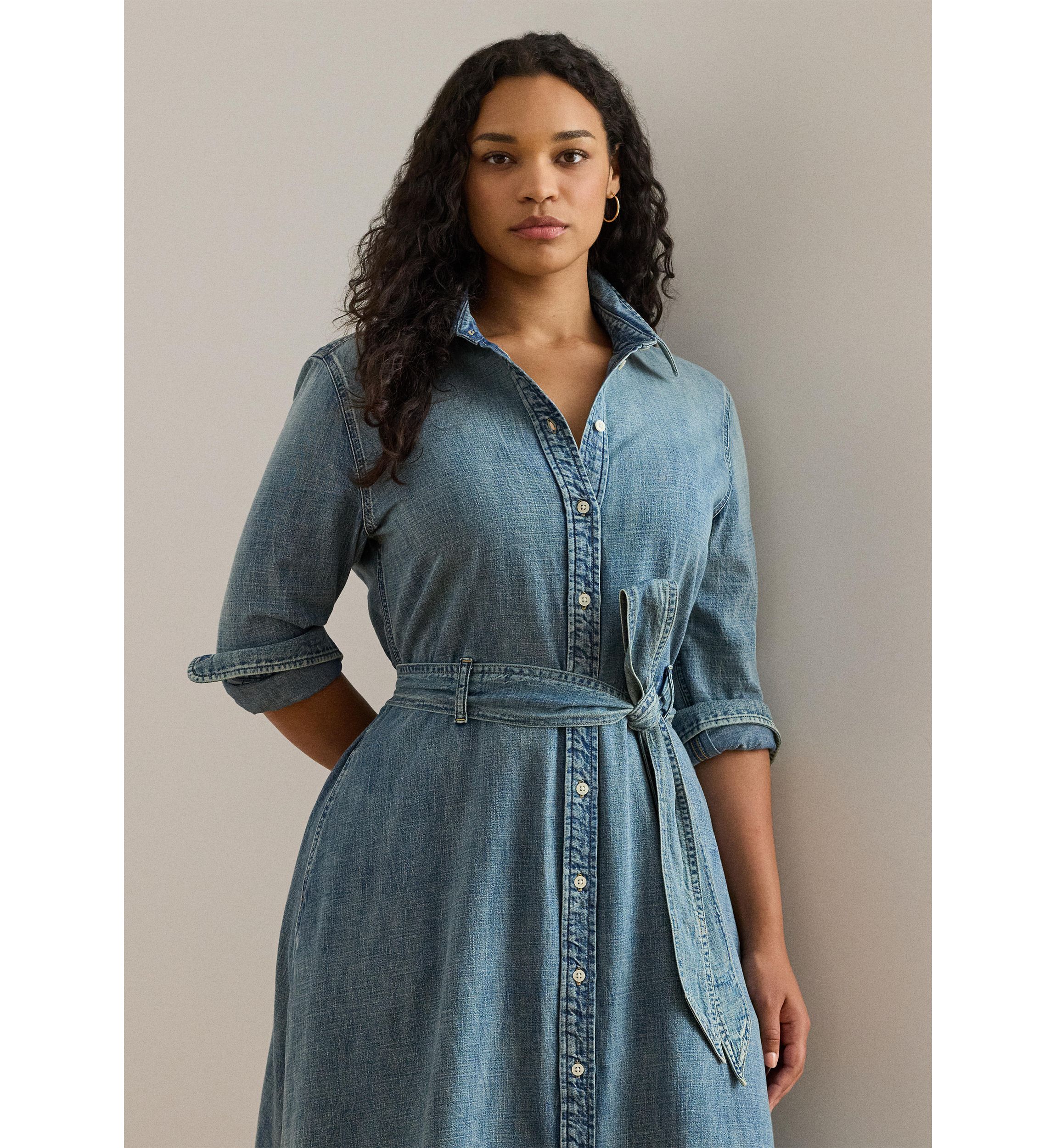 Womens Belted Denim Shirtdress