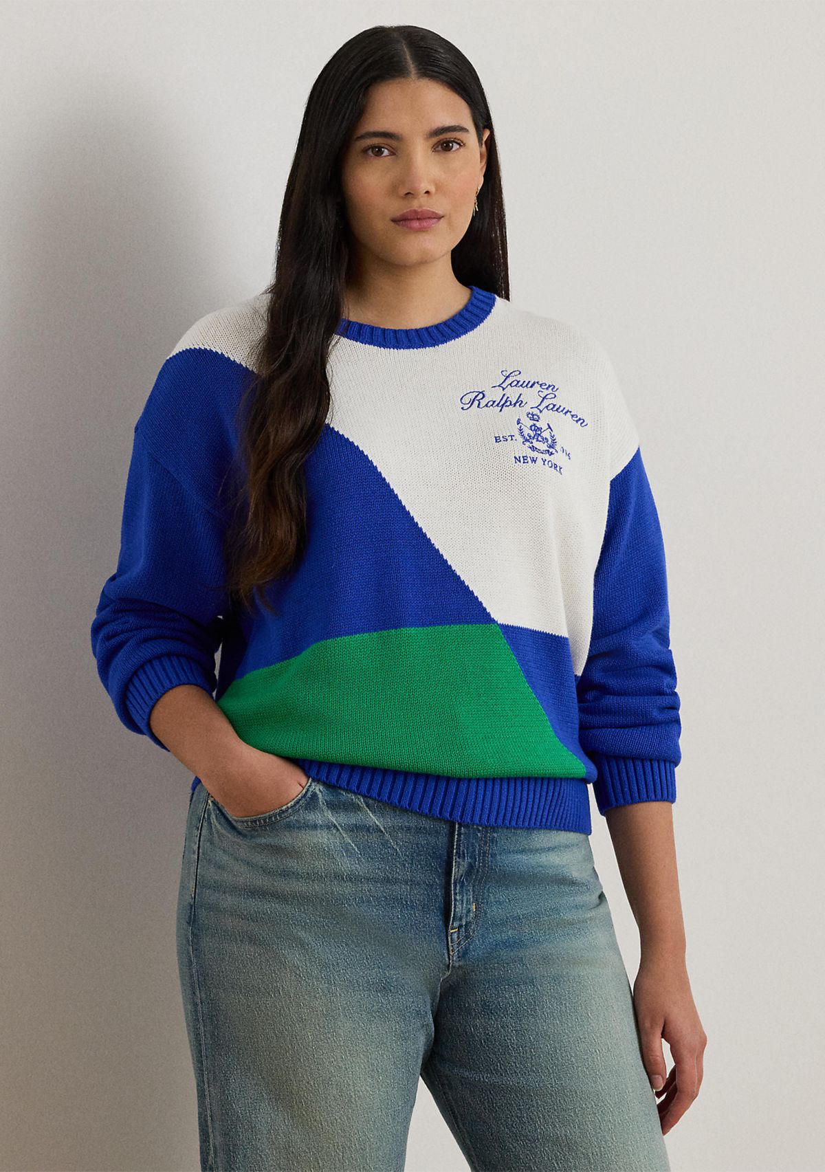 Plus Size Color-Blocked Combed Cotton Sweater