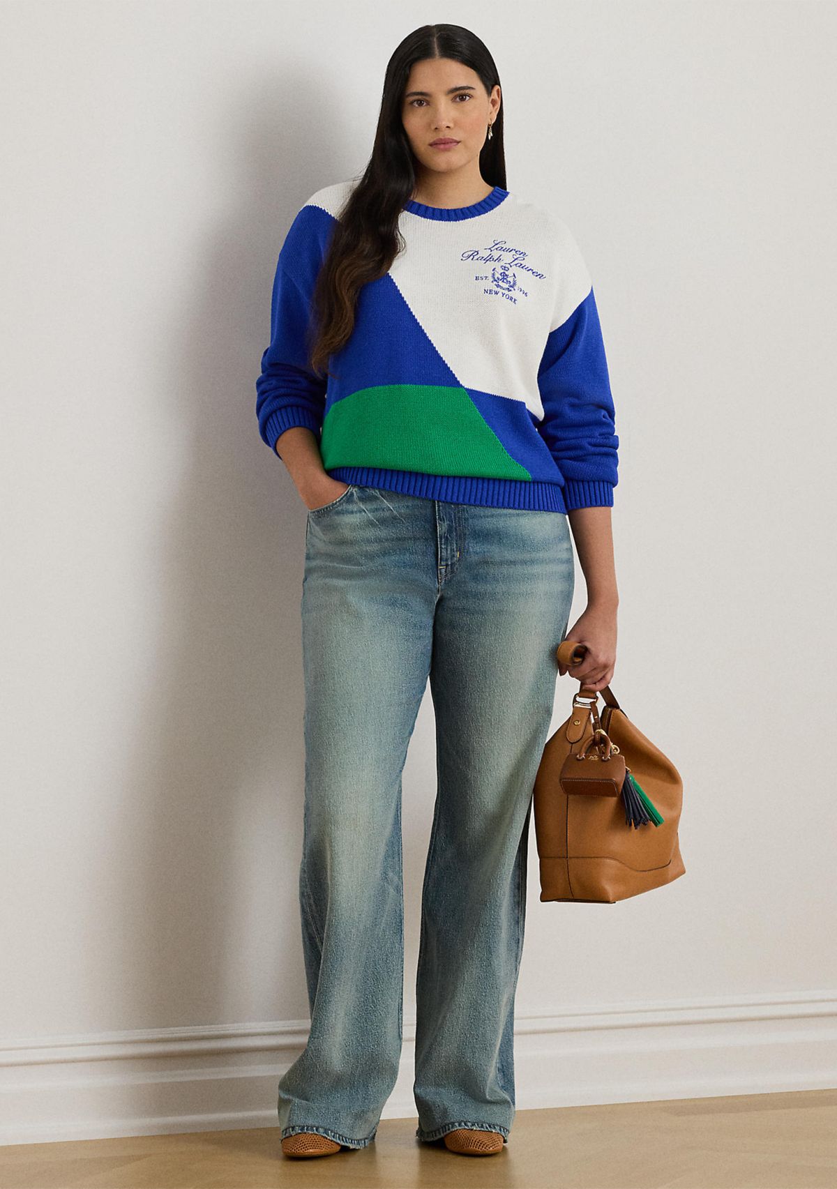 Plus Size Color-Blocked Combed Cotton Sweater