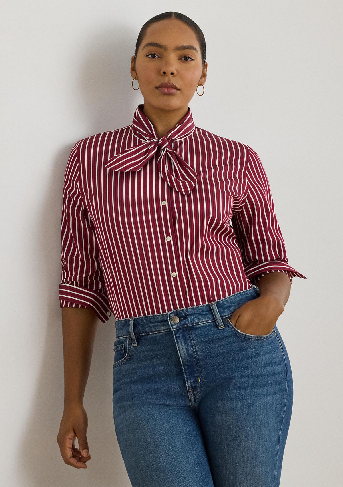 Plus Size Striped Cotton Broadcloth Tie-Neck Shirt