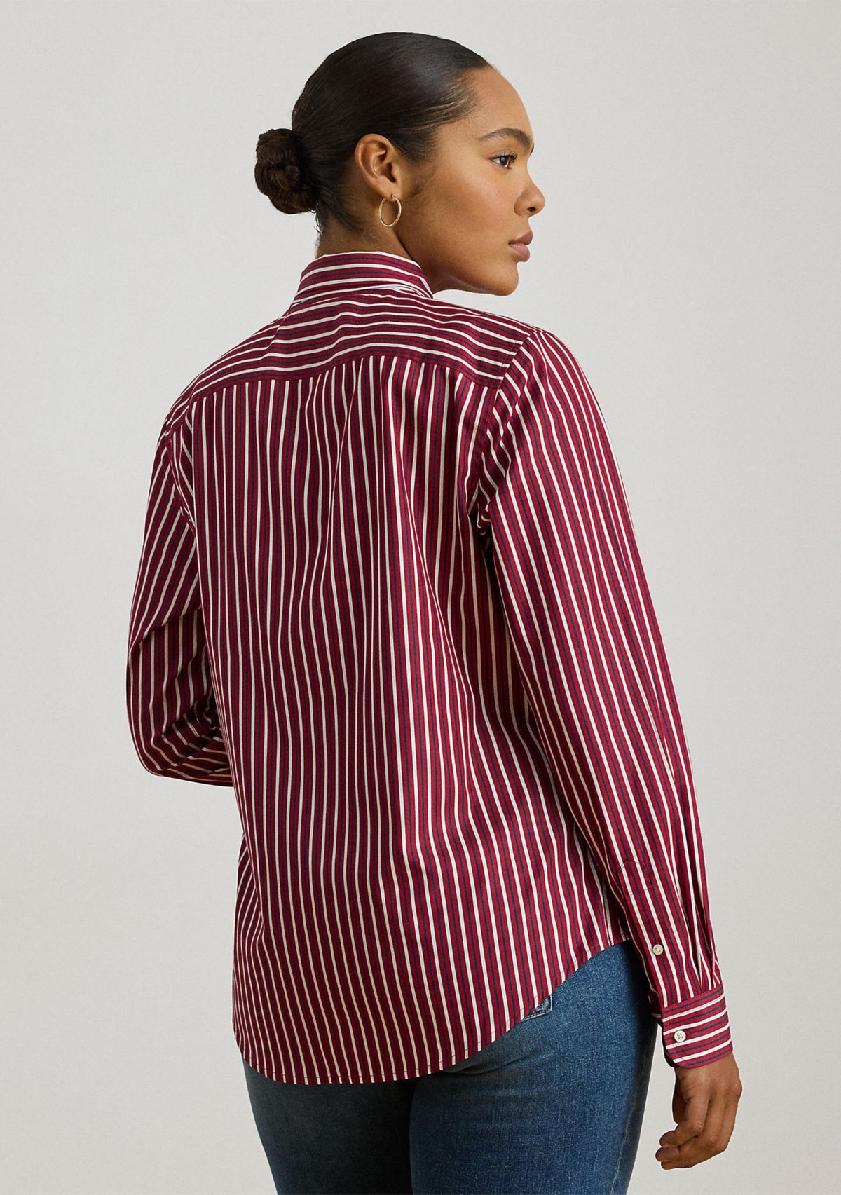 Plus Size Striped Cotton Broadcloth Tie-Neck Shirt