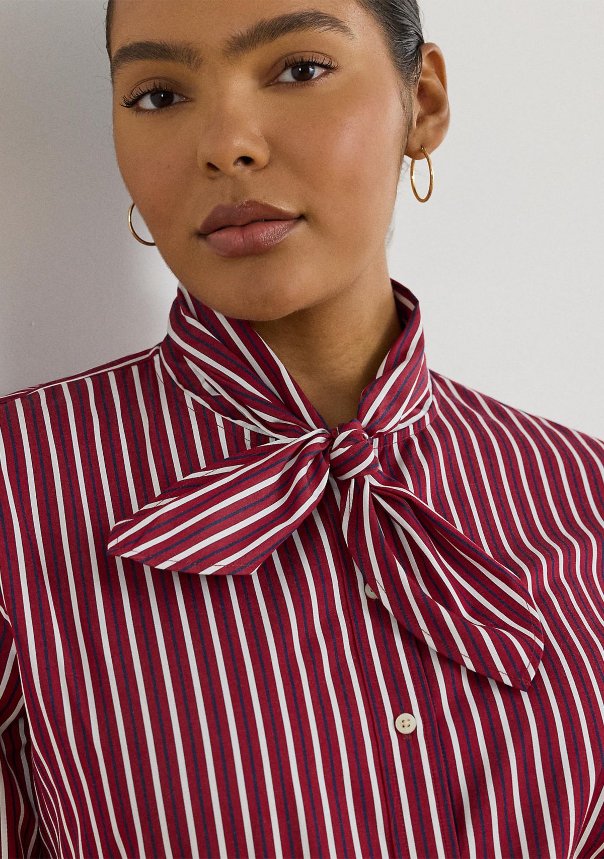 Plus Size Striped Cotton Broadcloth Tie-Neck Shirt