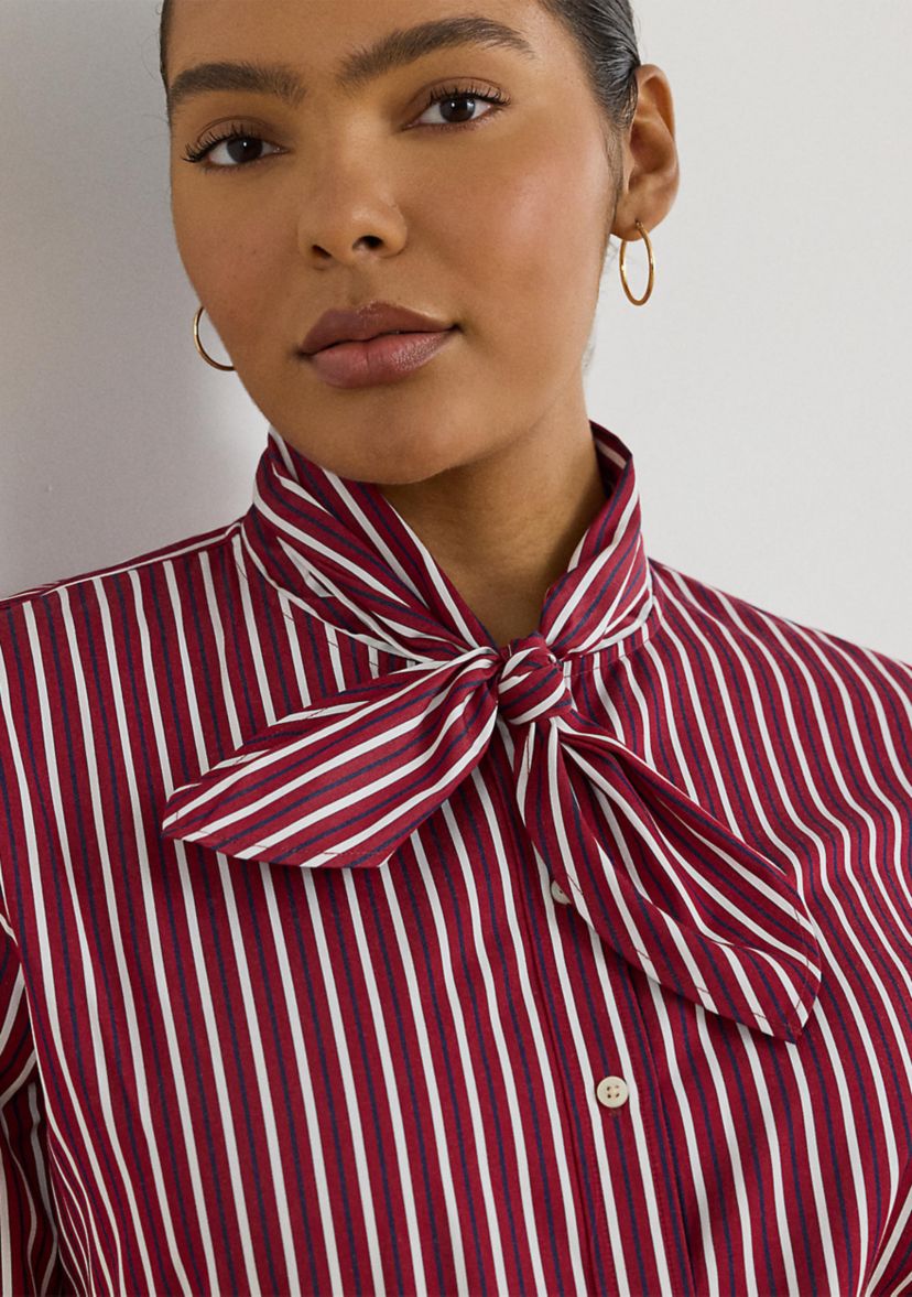 Plus Size Striped Cotton Broadcloth Tie-Neck Shirt