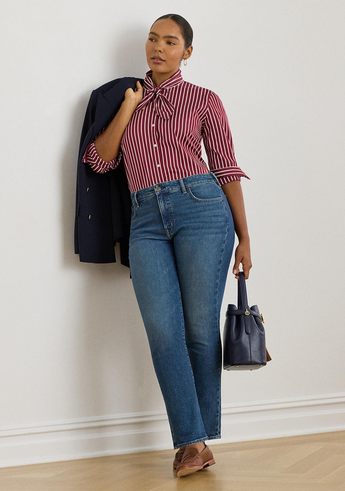 Plus Size Striped Cotton Broadcloth Tie-Neck Shirt