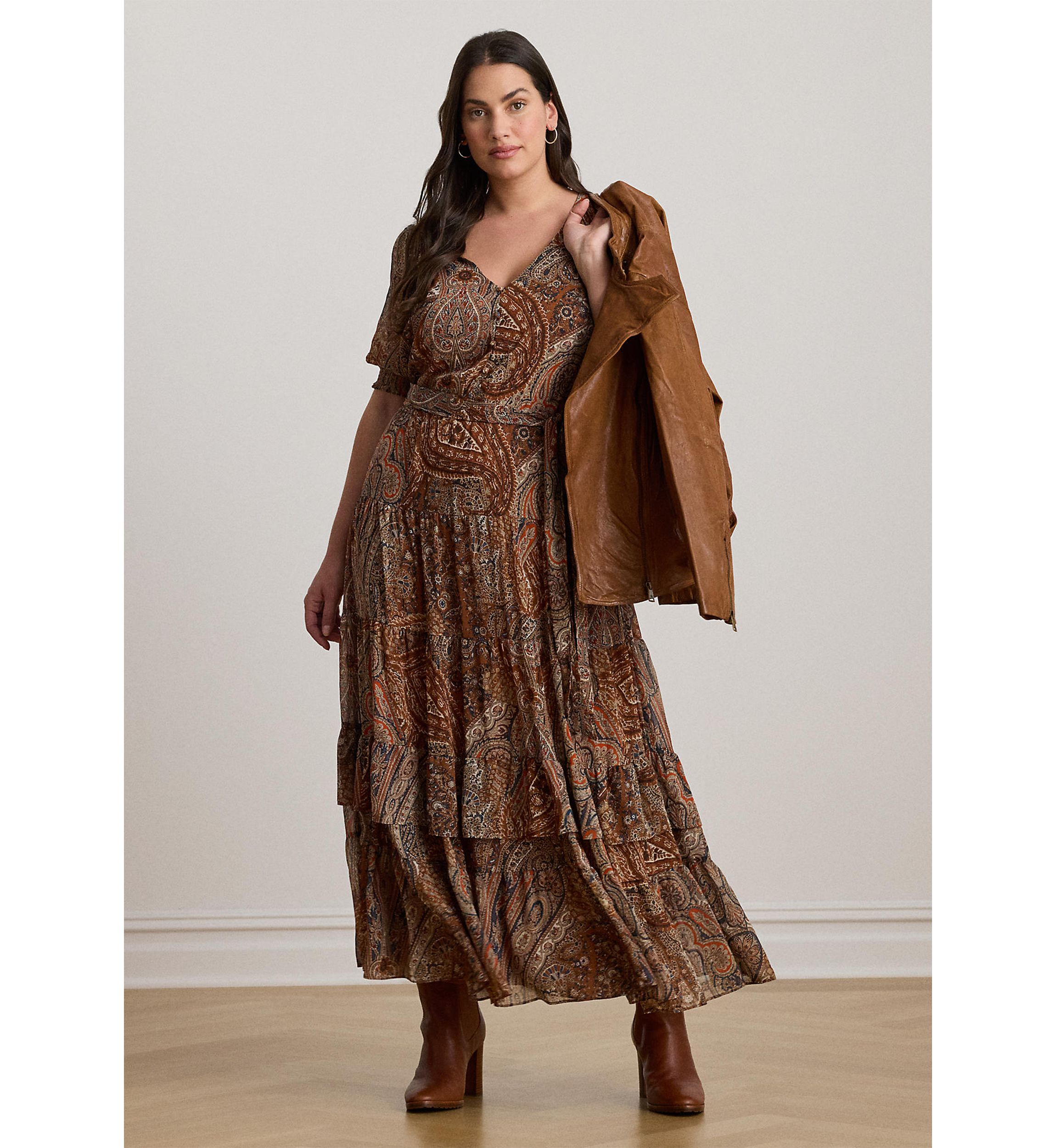 Plus Size Paisley Belted Crinkle Georgette Dress