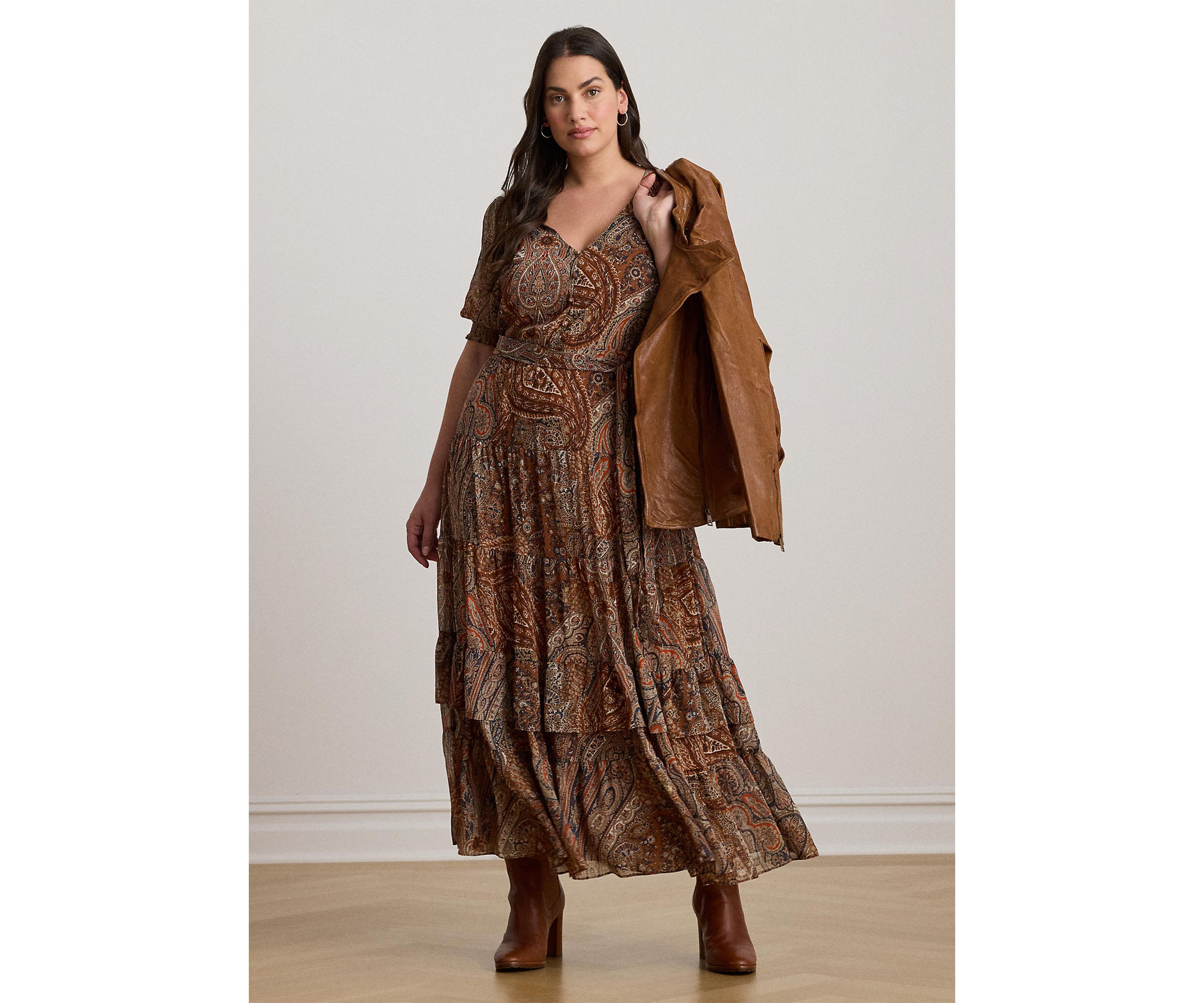 Plus Size Paisley Belted Crinkle Georgette Dress
