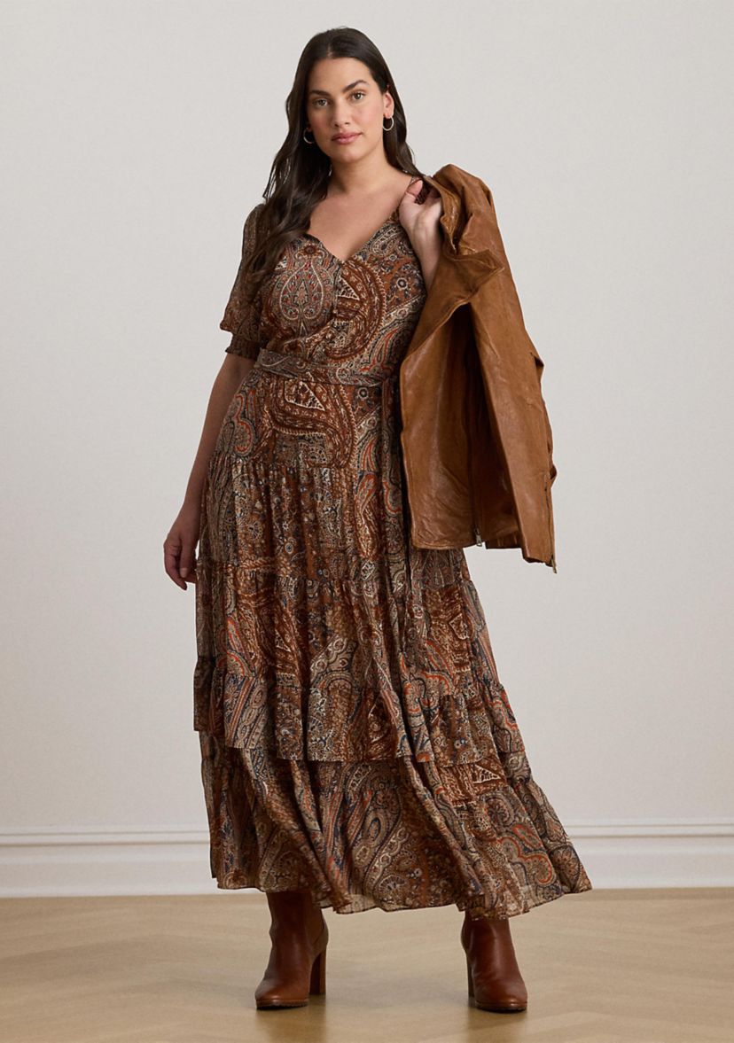 Plus Size Paisley Belted Crinkle Georgette Dress