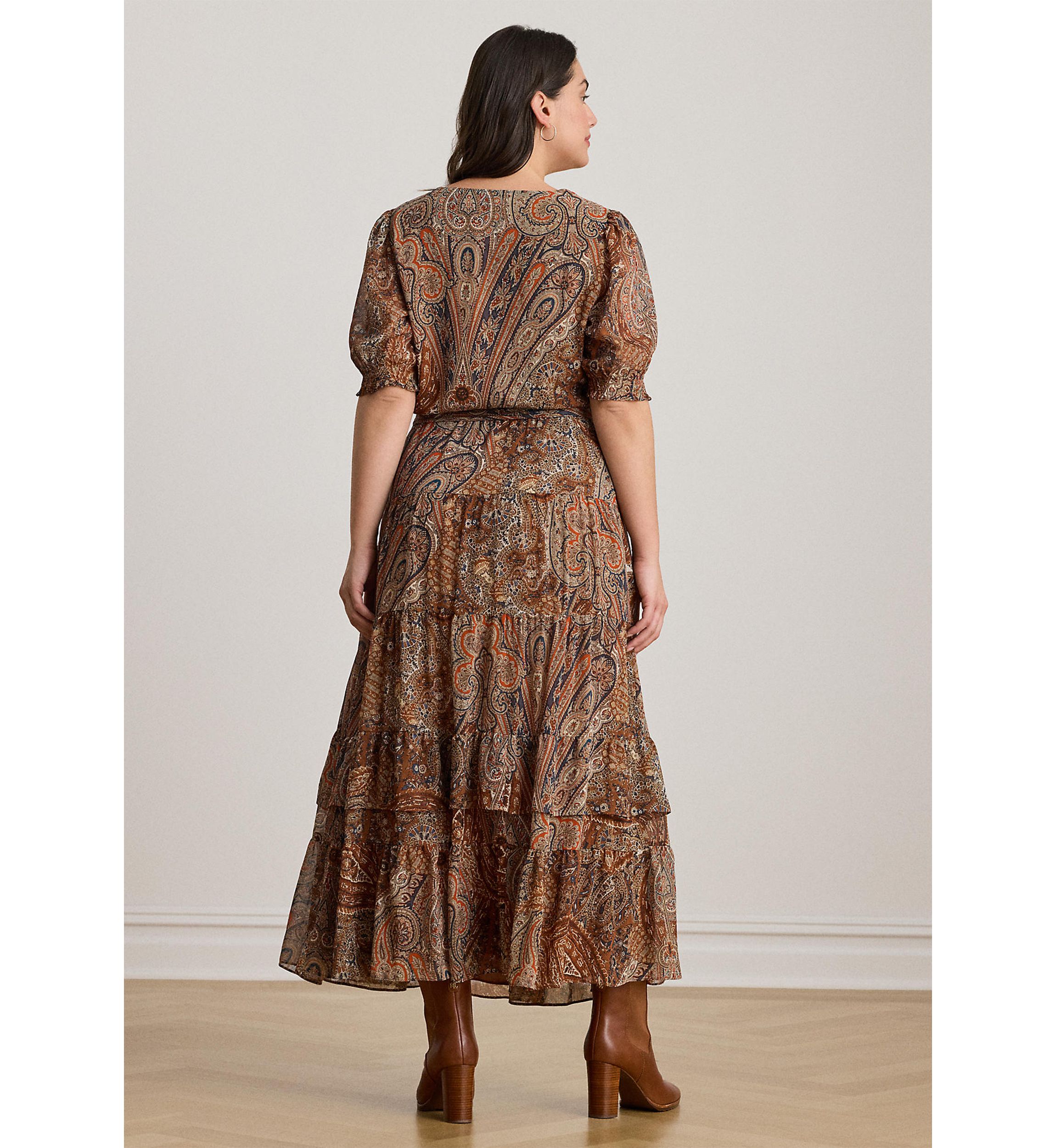 Plus Size Paisley Belted Crinkle Georgette Dress