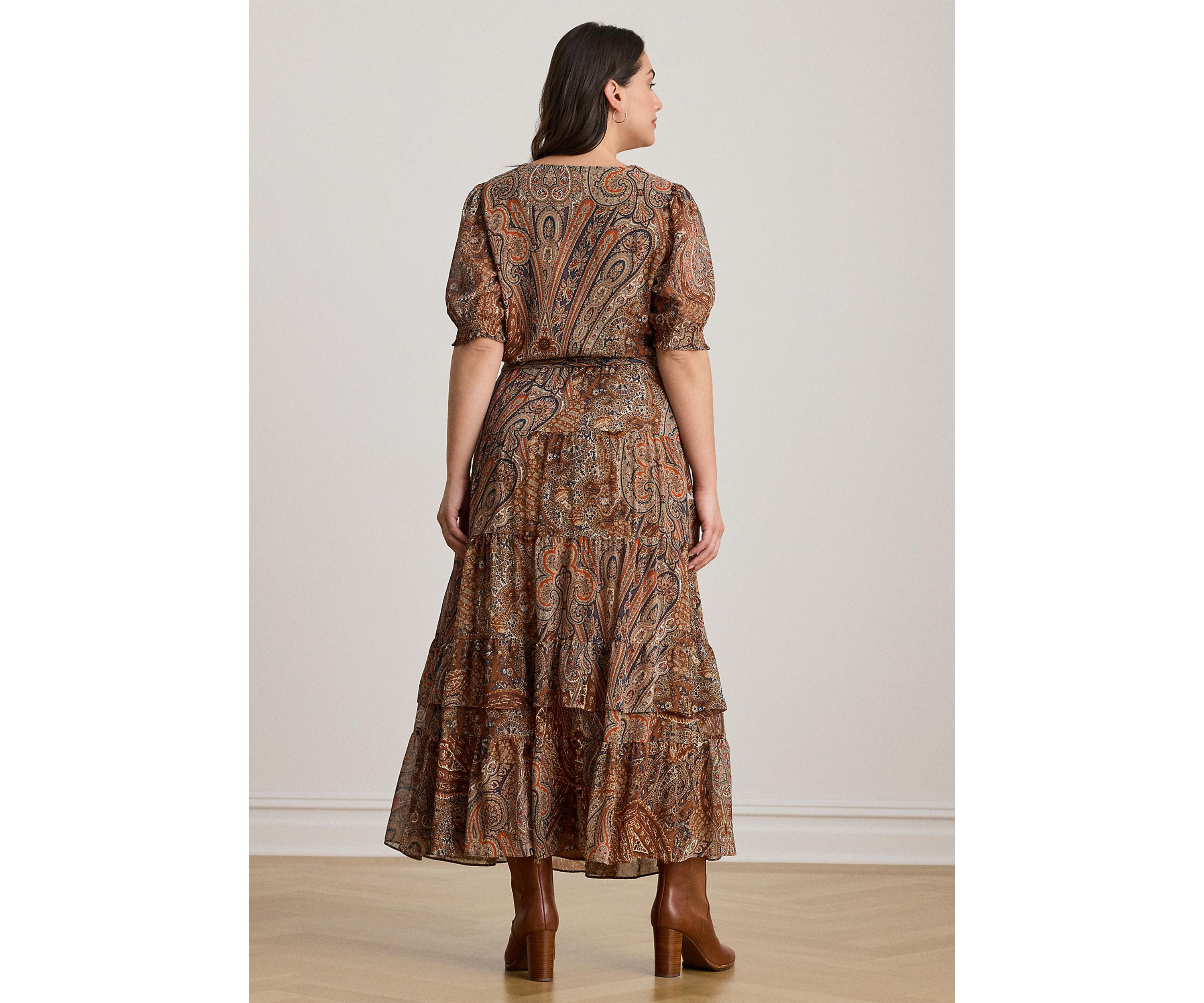 Plus Size Paisley Belted Crinkle Georgette Dress