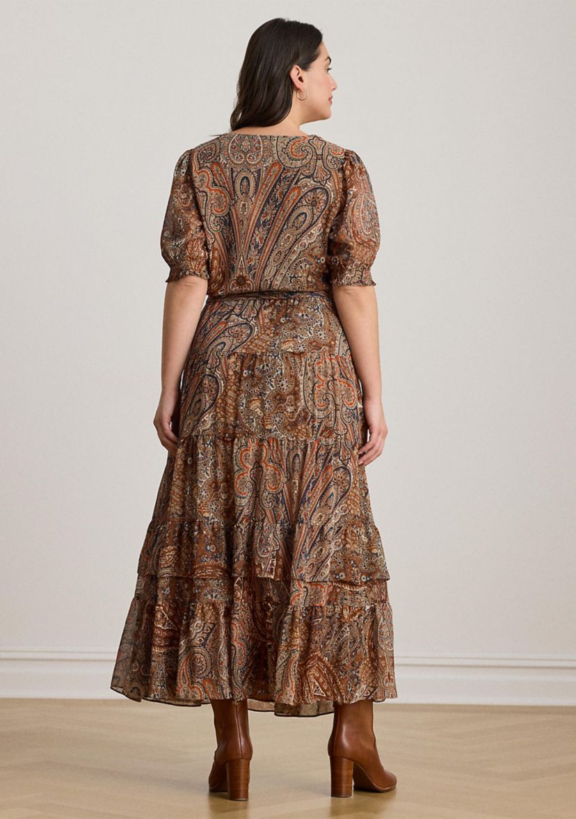 Plus Size Paisley Belted Crinkle Georgette Dress