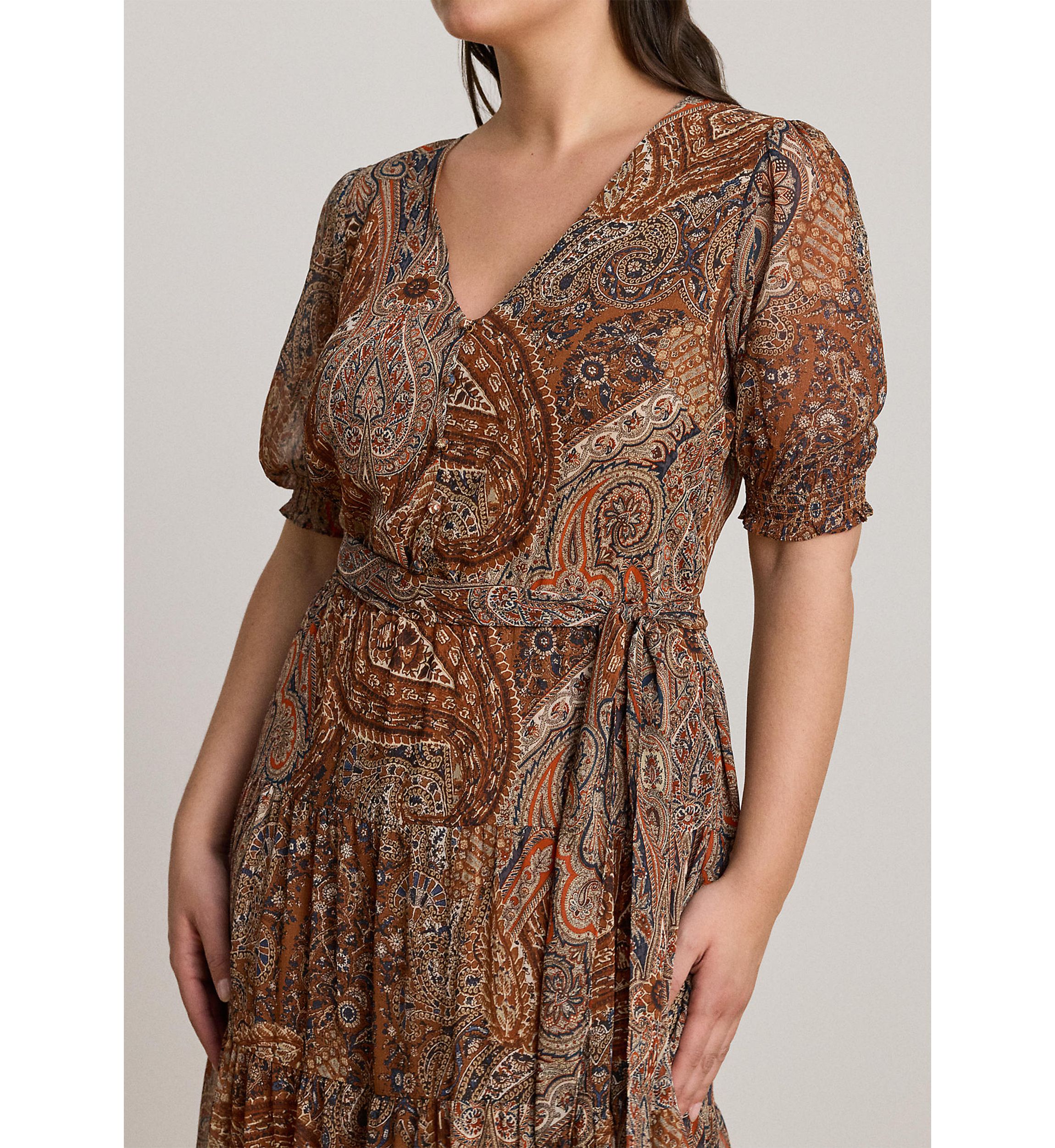 Plus Size Paisley Belted Crinkle Georgette Dress