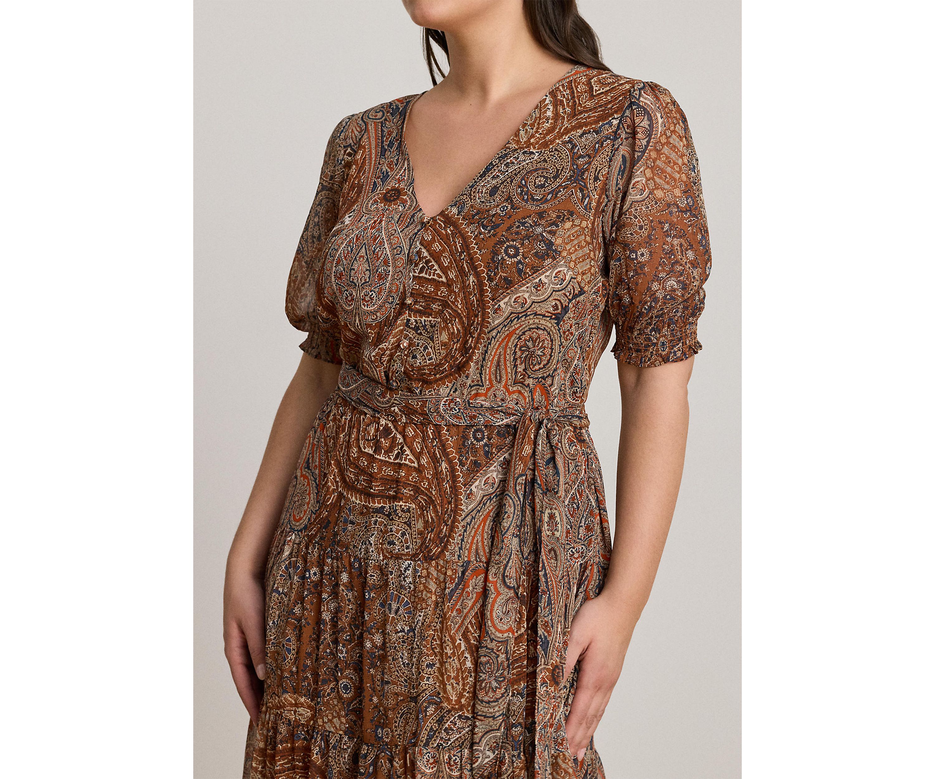 Plus Size Paisley Belted Crinkle Georgette Dress