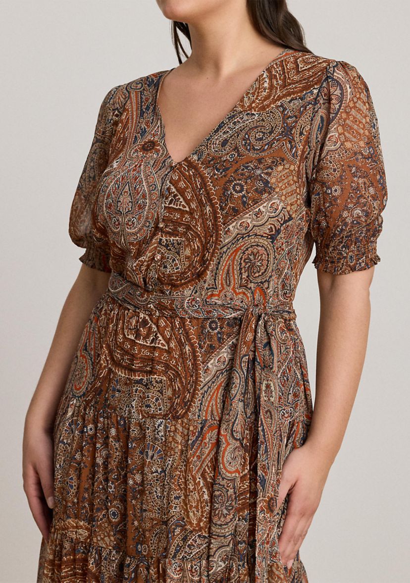 Plus Size Paisley Belted Crinkle Georgette Dress