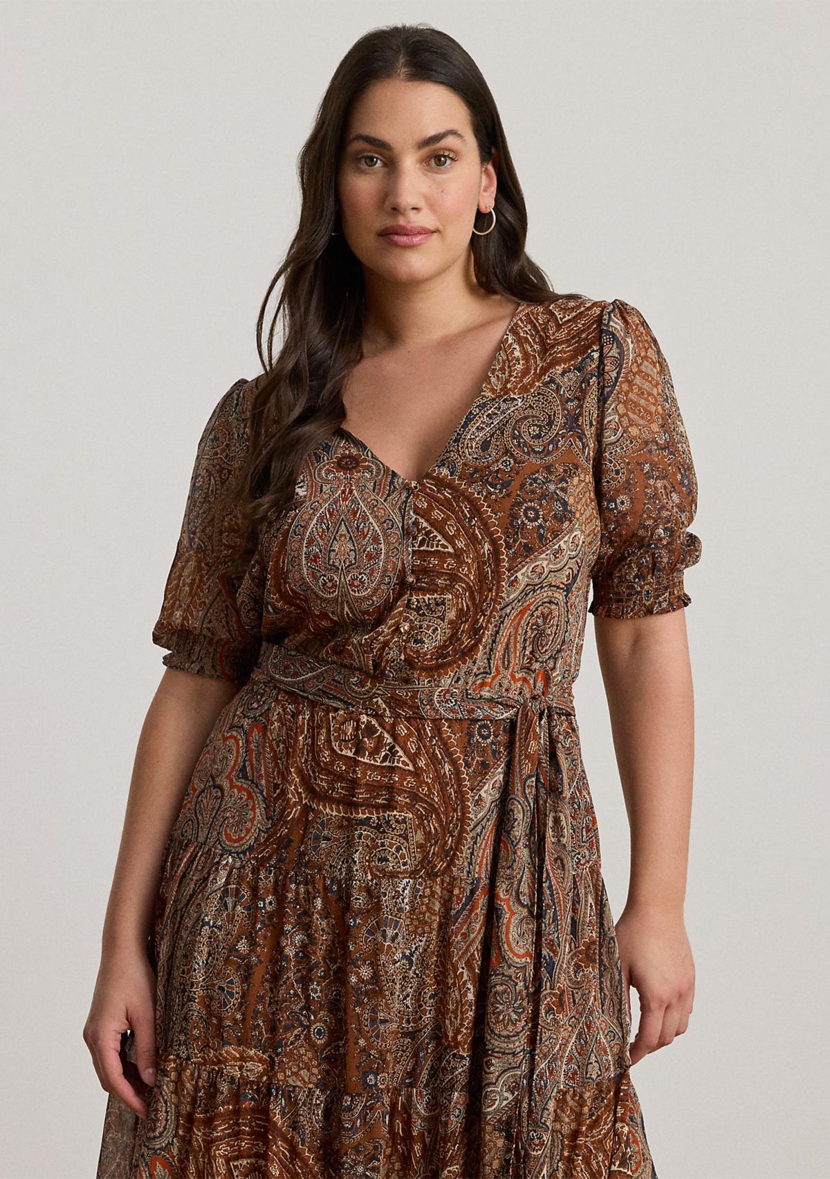 Plus Size Paisley Belted Crinkle Georgette Dress