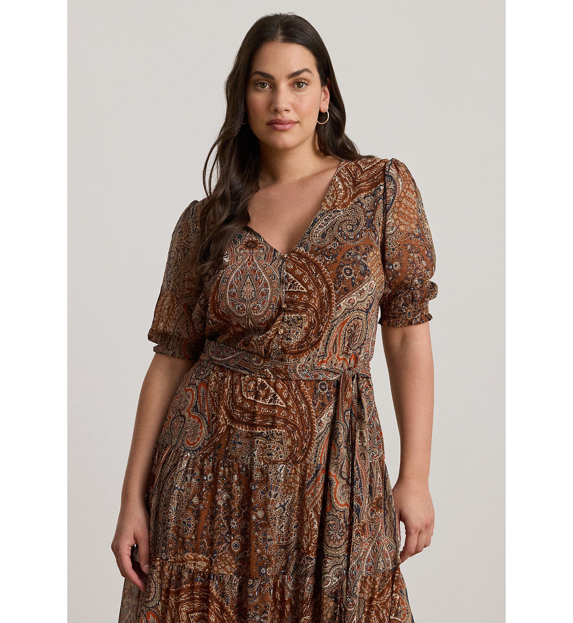 Plus Size Paisley Belted Crinkle Georgette Dress