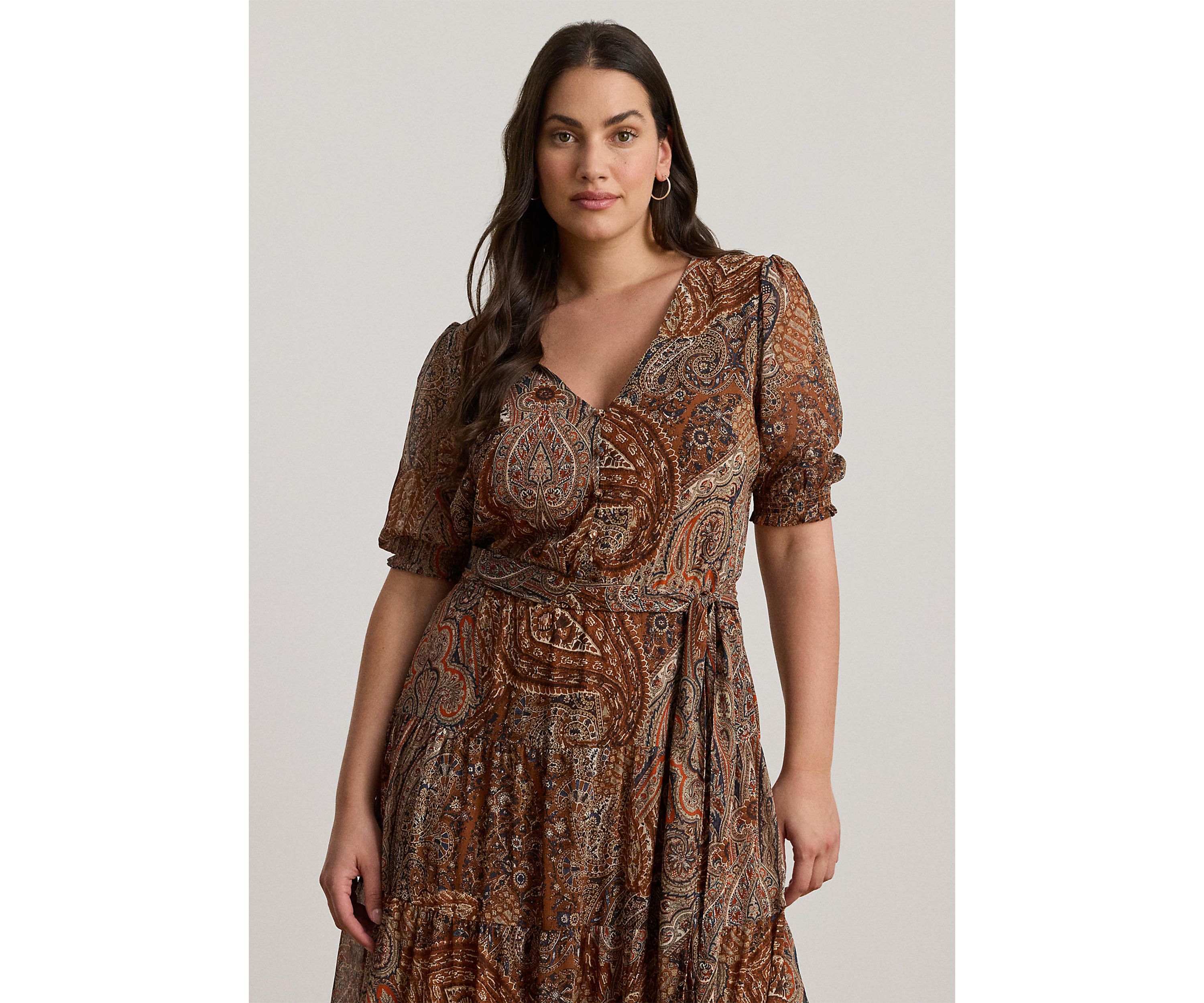Plus Size Paisley Belted Crinkle Georgette Dress