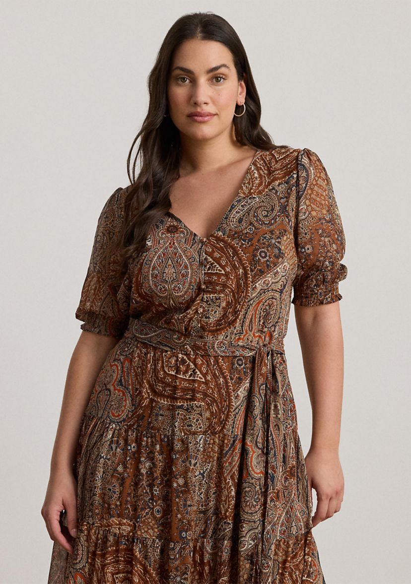 Plus Size Paisley Belted Crinkle Georgette Dress