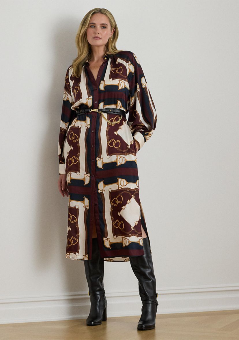 Plus Size Equestrian-Print Twill Midi Shirtdress