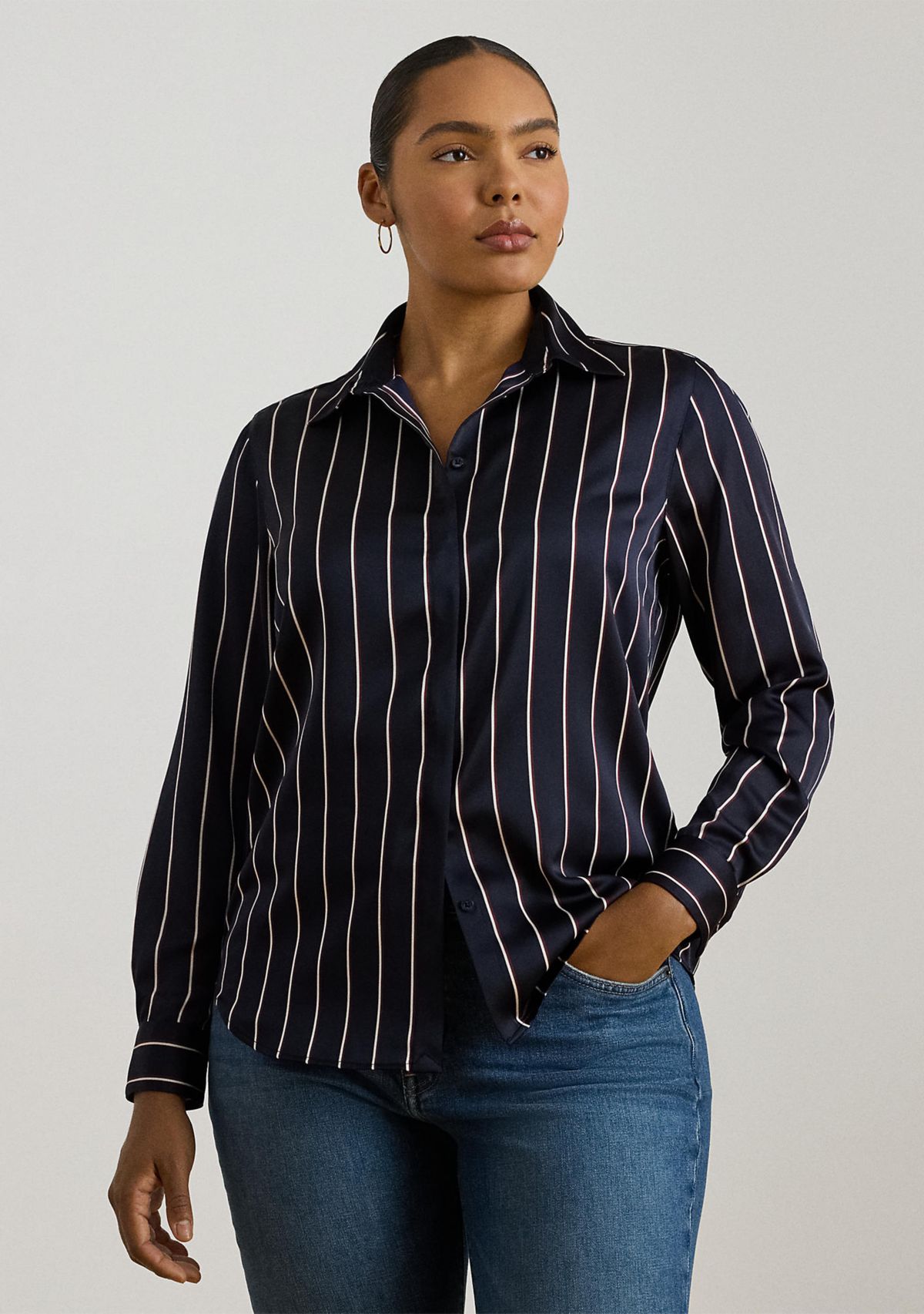 Plus Size Classic Fit Striped Charmeuse Shirt