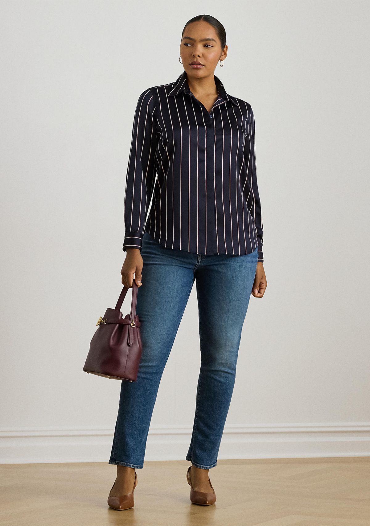 Plus Size Classic Fit Striped Charmeuse Shirt