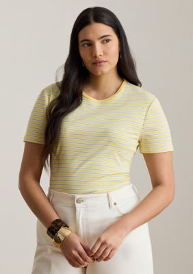 Lauren Ralph Lauren Women's Striped Rib-Knit Stretch Cotton T-Shirt, Yellow, 2X