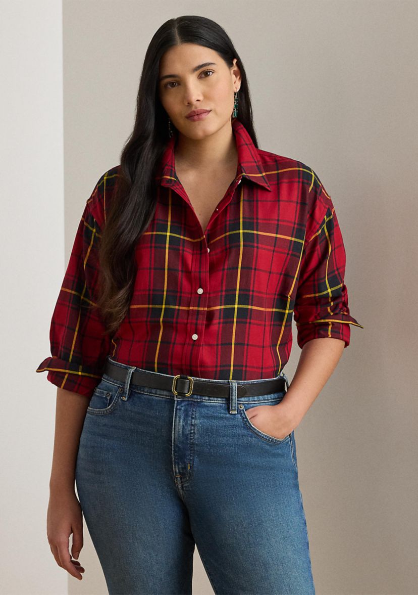 Plus Size Relaxed Fit Checked Plaid Cotton Shirt