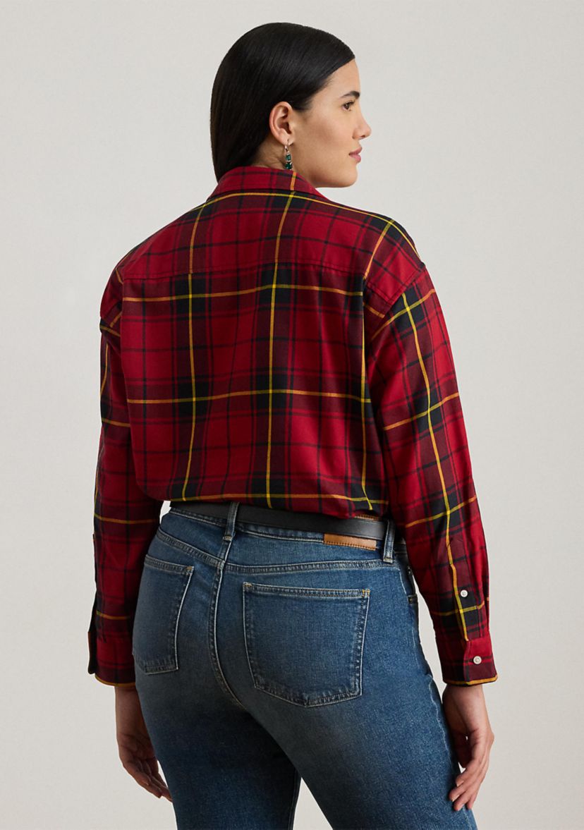 Plus Size Relaxed Fit Checked Plaid Cotton Shirt