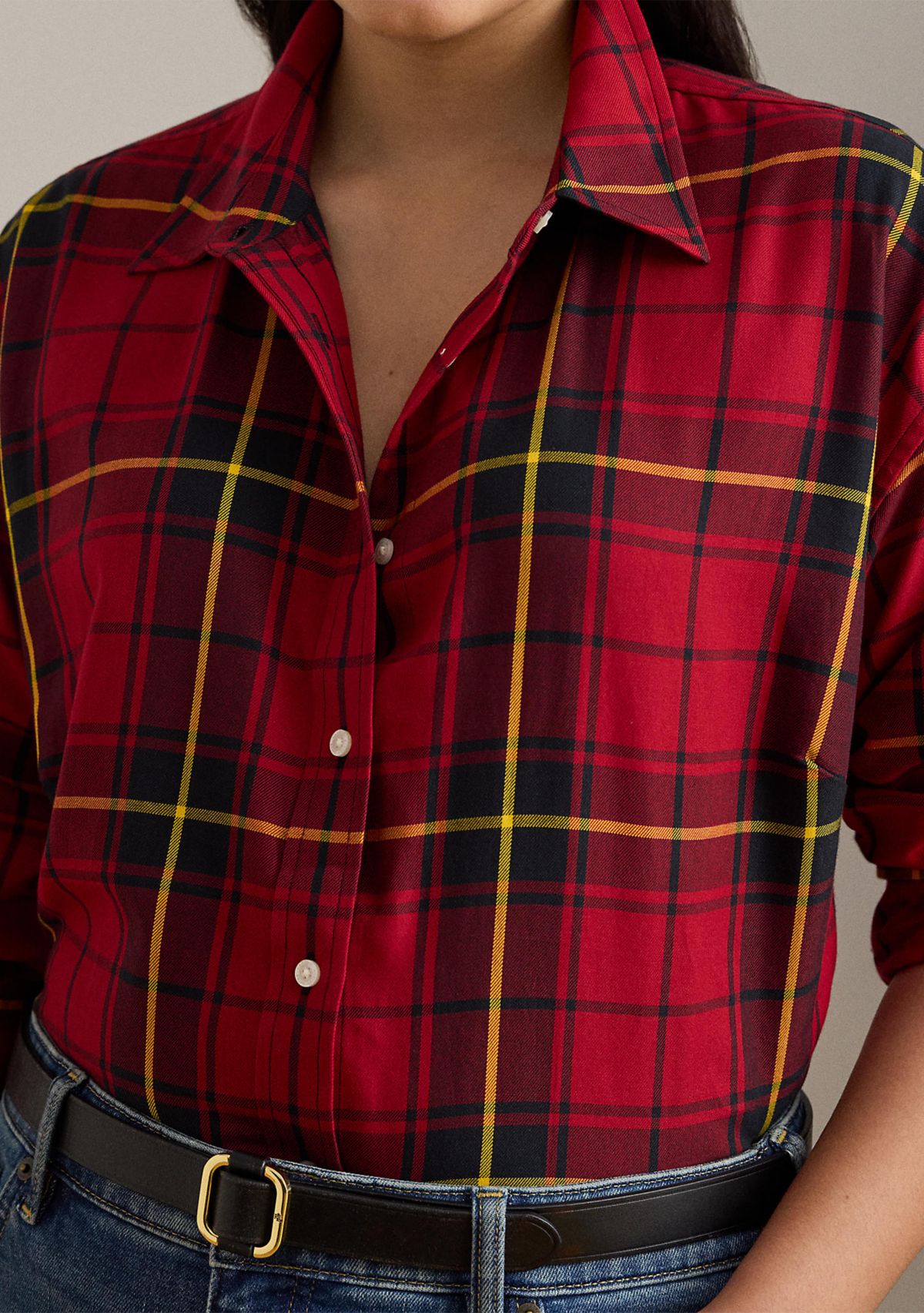 Plus Size Relaxed Fit Checked Plaid Cotton Shirt