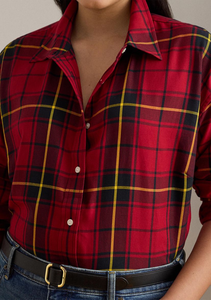 Plus Size Relaxed Fit Checked Plaid Cotton Shirt