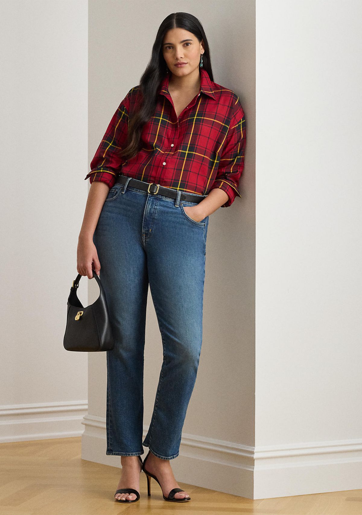 Plus Size Relaxed Fit Checked Plaid Cotton Shirt