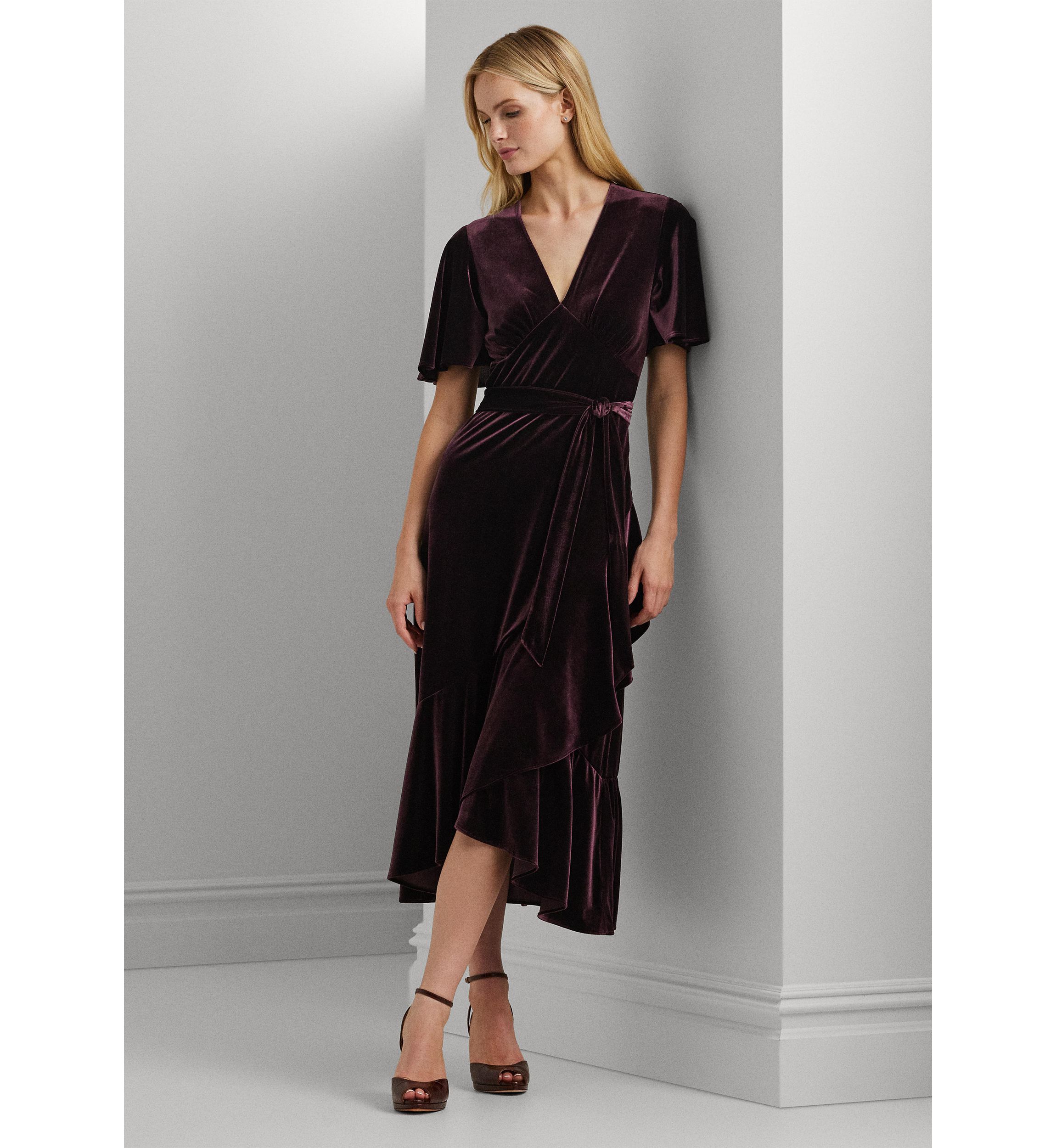 Womens Belted Velvet Flutter-Sleeve Dress