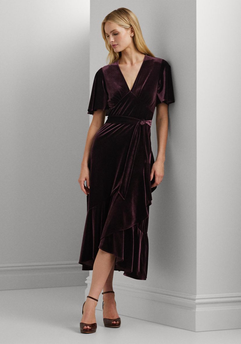 Womens Belted Velvet Flutter-Sleeve Dress