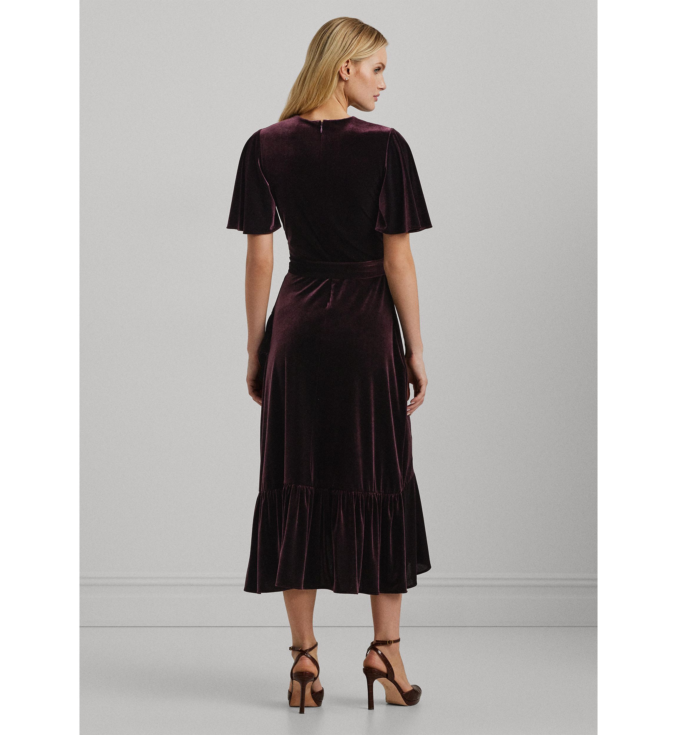 Womens Belted Velvet Flutter-Sleeve Dress