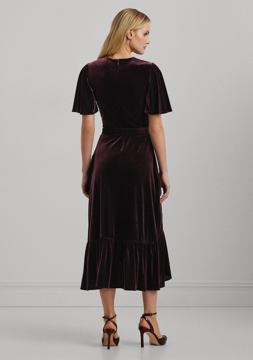 Womens Belted Velvet Flutter-Sleeve Dress