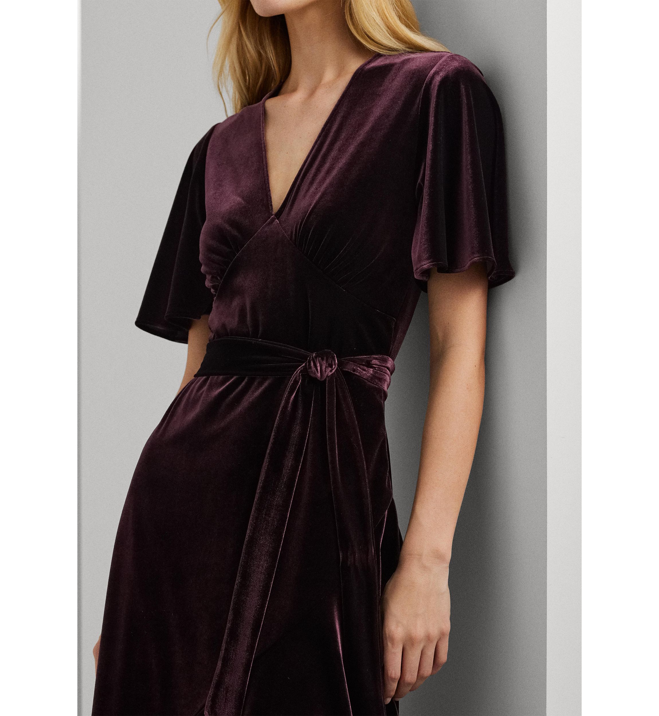 Womens Belted Velvet Flutter-Sleeve Dress