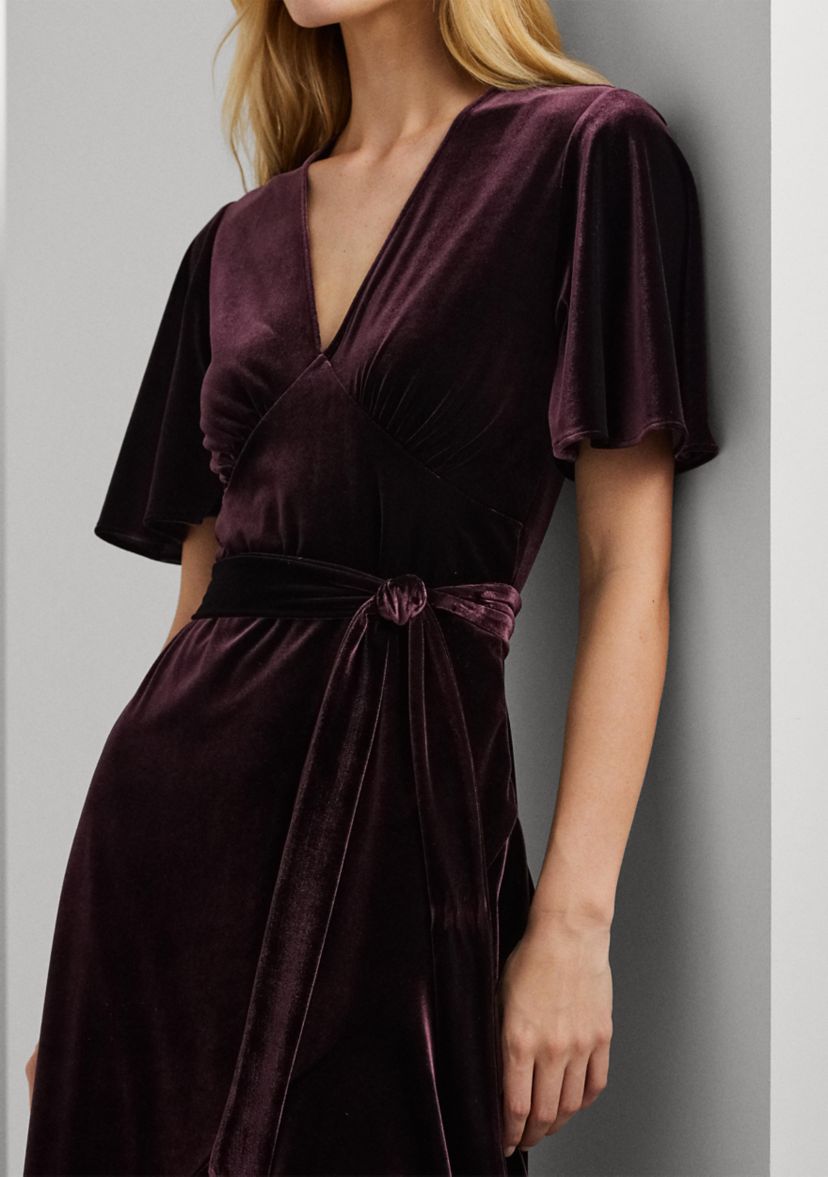 Womens Belted Velvet Flutter-Sleeve Dress
