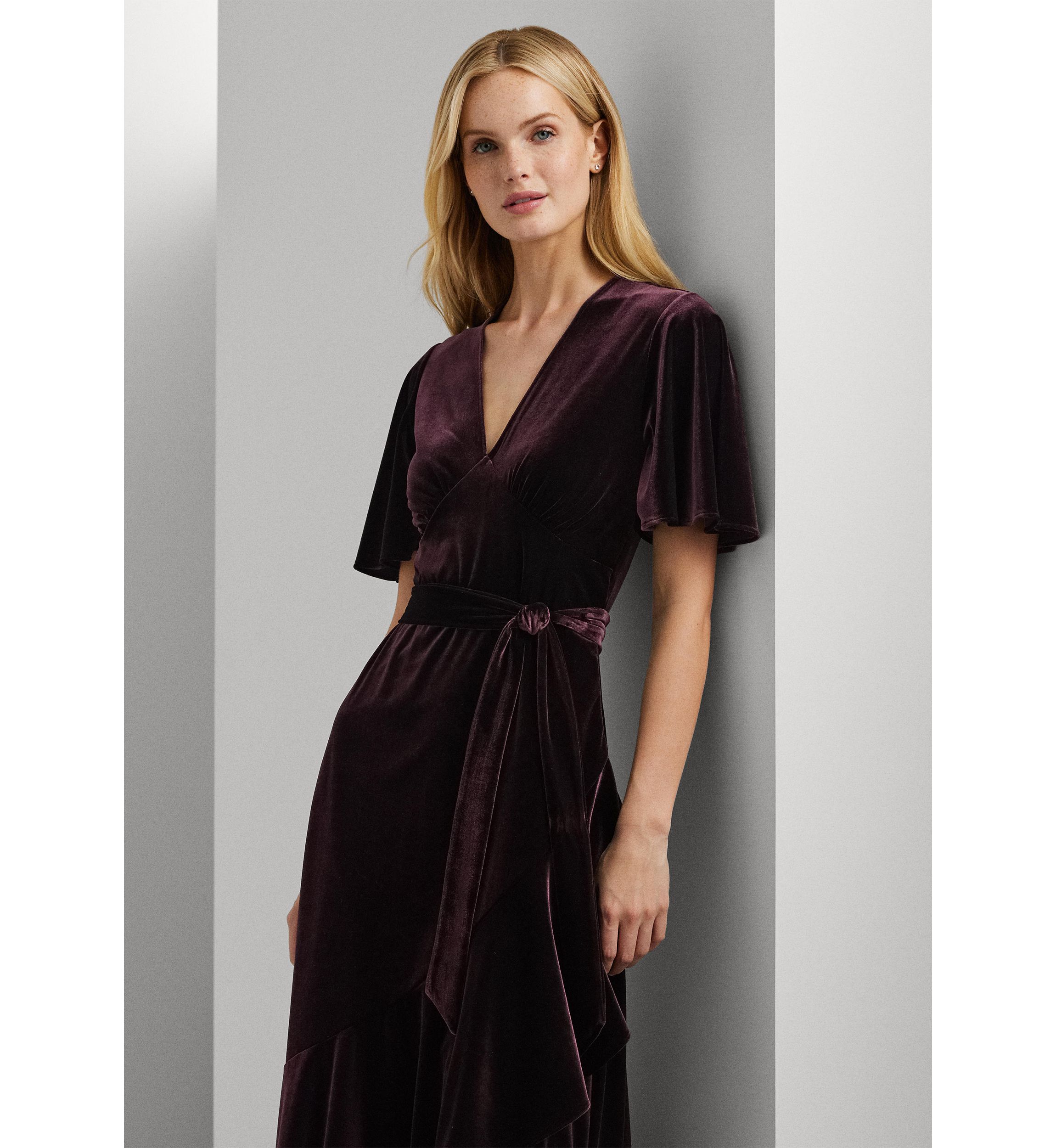Womens Belted Velvet Flutter-Sleeve Dress